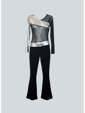 Silver Metallic Mesh Top and Black Flared Performance Jumpsuit